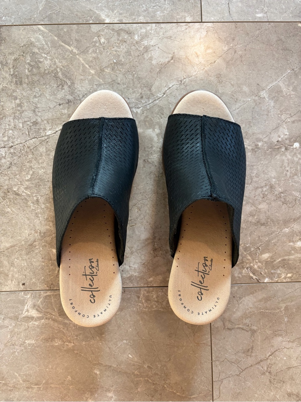 Clarks Black Open-Toe Slide Mules